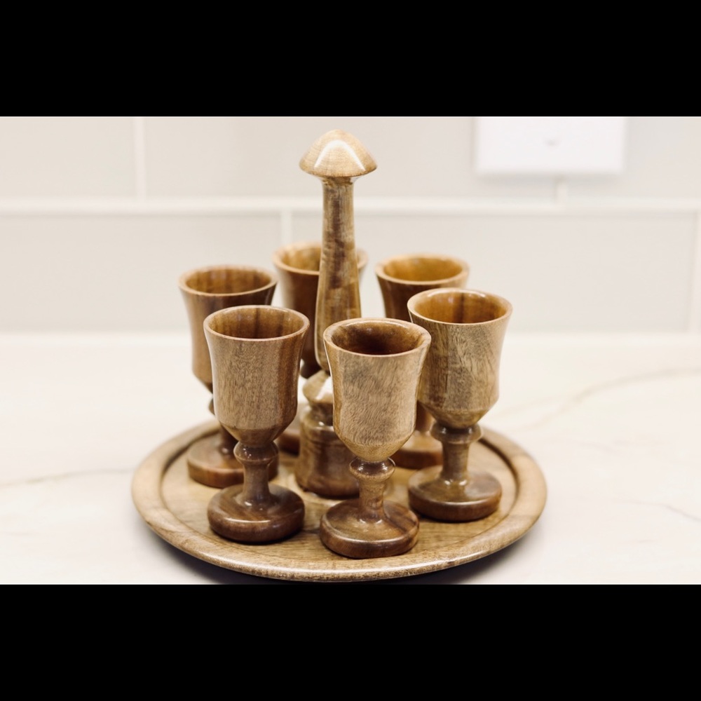 Vintage retro wooden Drinkware mini goblets with handled tray barware cordial